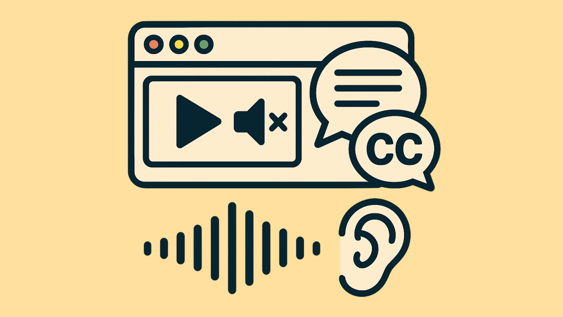Symbolgrafik: Videoplayer mit Untertiteln, daneben Schallwelle und Ohr als Hinweis auf Hörbehinderungen.