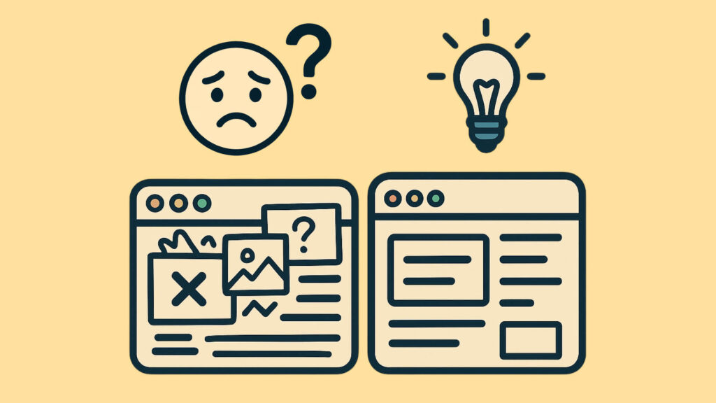 Verwirrter Nutzer bei chaotischer Website wird zur Lösung mit klarem Layout