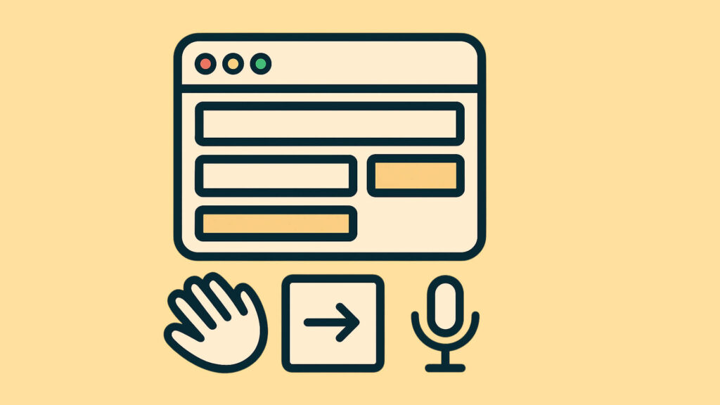Website mit Symbolen für alternative Eingabemethoden: Hand, Tastatur-Navigation und Spracheingabe
