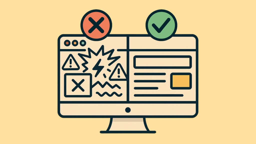 Vergleich: Website mit blinkenden Animationen (falsch) und ruhige Website (richtig)