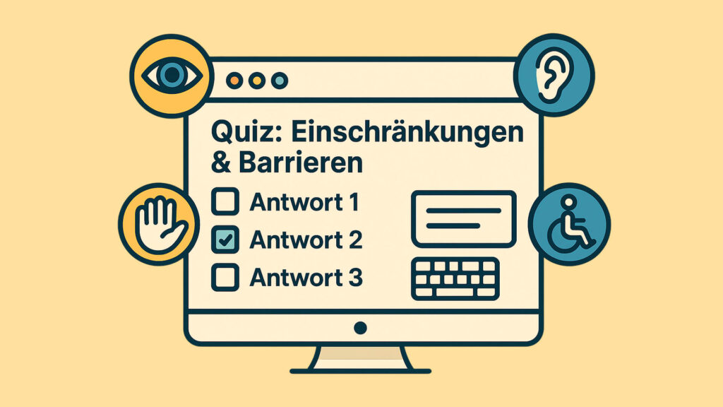 Quiz-Interface mit Symbolen für visuelle, auditive, motorische und kognitive Barrierefreiheit