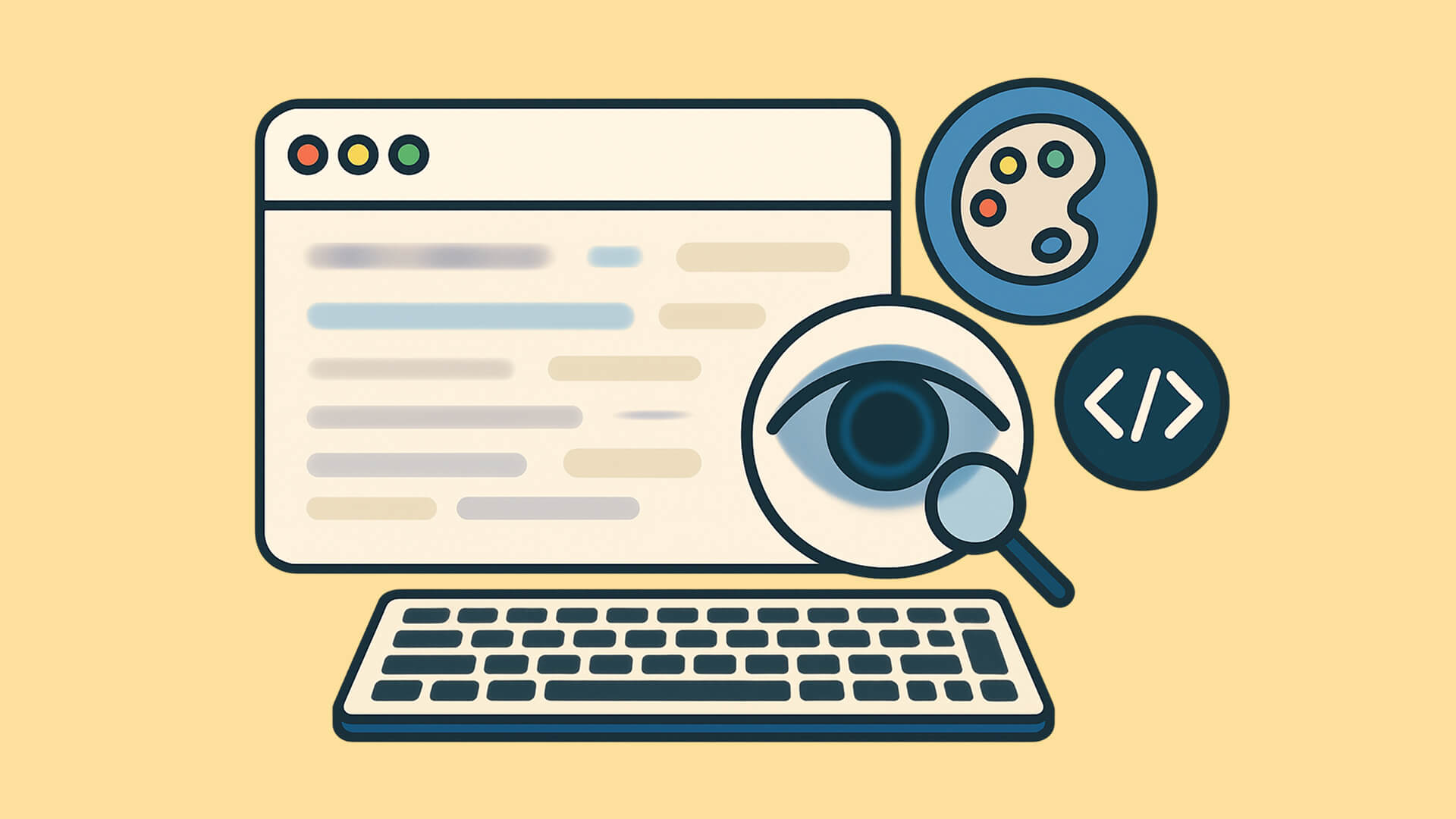 Laptop mit Lupe und Auge symbolisiert Barrierefreiheit-Prüfung für sehbehinderte Nutzer