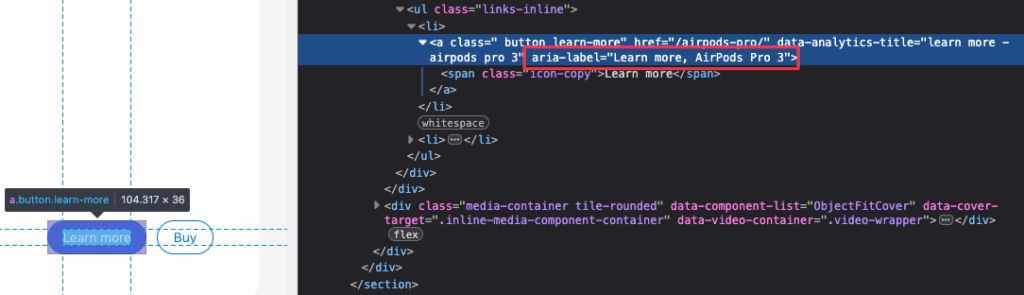 Apple-Code zeigt versteckten Text für Screenreader: "Learn more, AirPods Pro 3