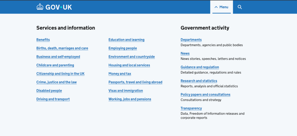 GOV.UK-Homepage mit geöffnetem Menü für Services und Regierungsaktivitäten