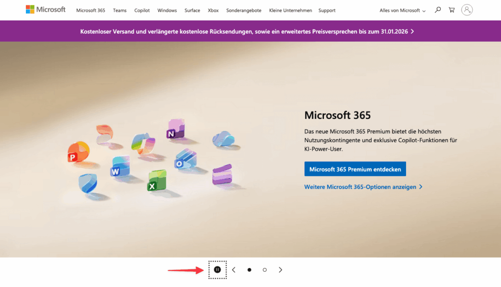 Microsoft Hero-Slider mit Pause-Button für Karussell-Steuerung