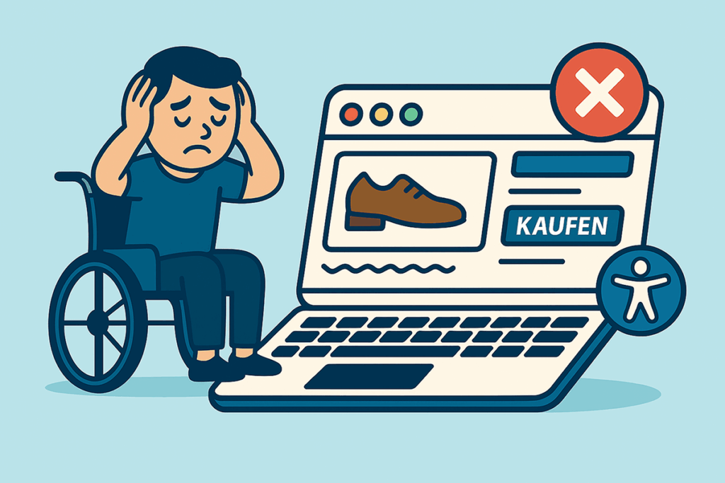 Rollstuhlnutzer frustriert vor nicht barrierefreier Website mit Fehlermeldung