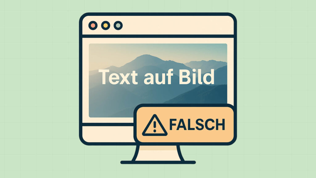 Bildschirm zeigt Text über Bergfoto mit Warnung "FALSCH" für schlechte Barrierefreiheit