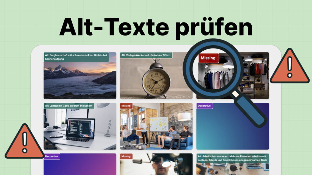Bild-Galerie mit Warndreiecken und Lupe zeigt fehlende oder problematische Alt-Texte bei verschiedenen Fotos