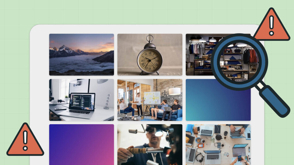 Bild-Galerie mit Warndreiecken und Lupe zeigt fehlende oder problematische Alt-Texte bei verschiedenen Fotos