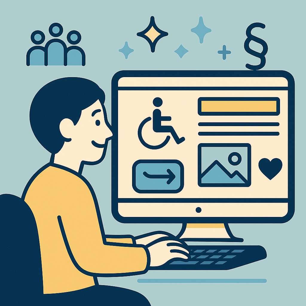 Person arbeitet an Computer mit barrierefreien Website-Elementen und Paragraphen-Symbol