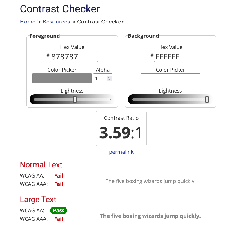 WebAIM Contrast Checker zeigt Kontrastverhältnis 3.59:1 zwischen Grau und Weiß mit Fail-Ergebnis