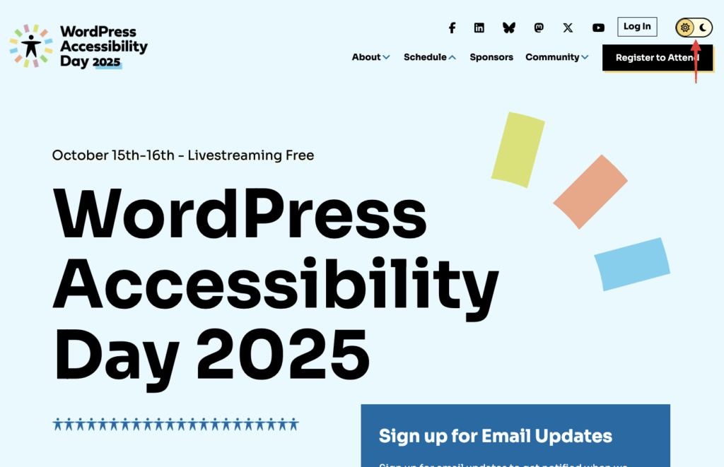 WordPress Accessibility Day-Website mit Darkmode-Umschalter