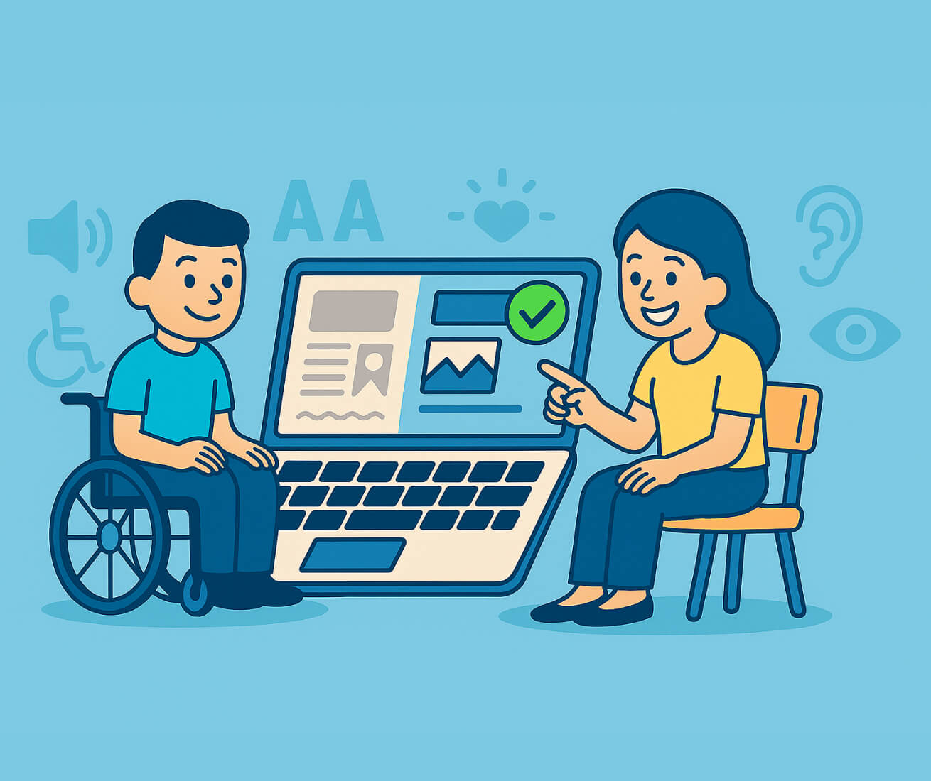 Rollstuhlnutzer und Frau arbeiten gemeinsam an barrierefreier Website mit Accessibility-Symbolen