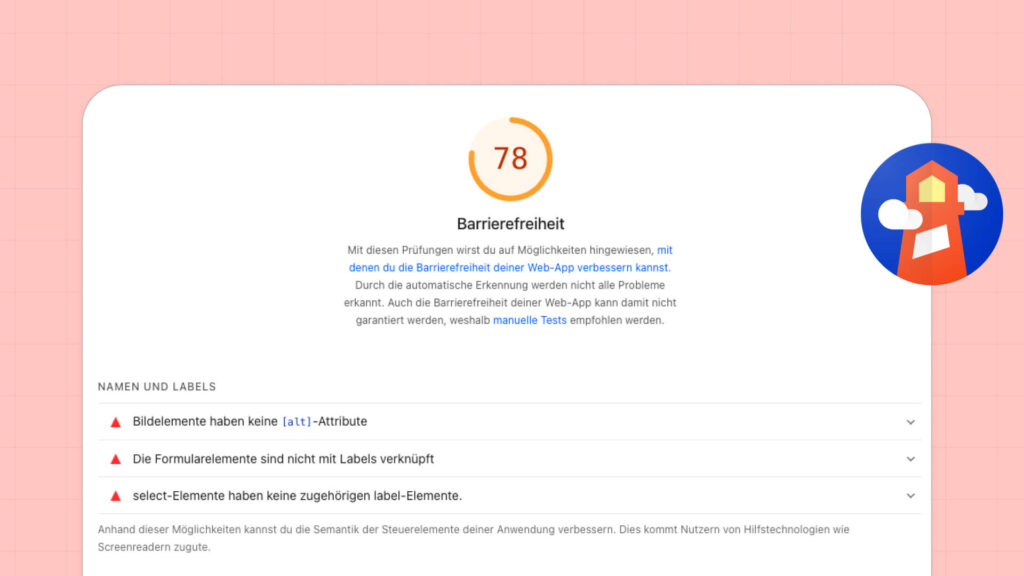 Lighthouse-Barrierefreiheits-Score von 78 mit Fehlerliste zu fehlenden Alt-Texten und Labels