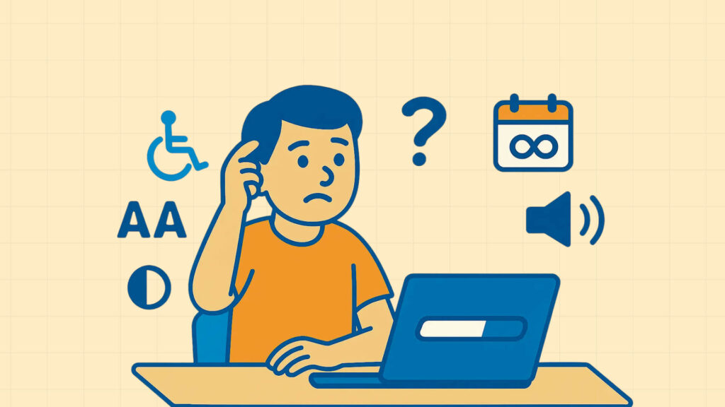 Nachdenkliche Person am Laptop umgeben von Barrierefreiheits-Symbolen