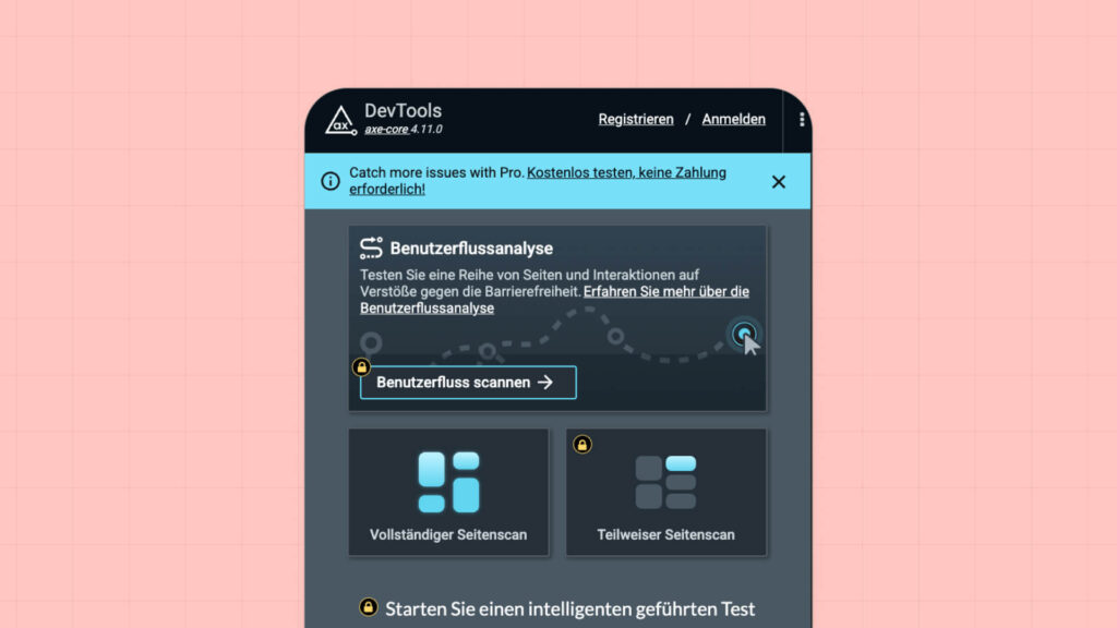 axe DevTools-Dashboard mit Benutzerflussanalyse und Scan-Optionen für Barrierefreiheitstests