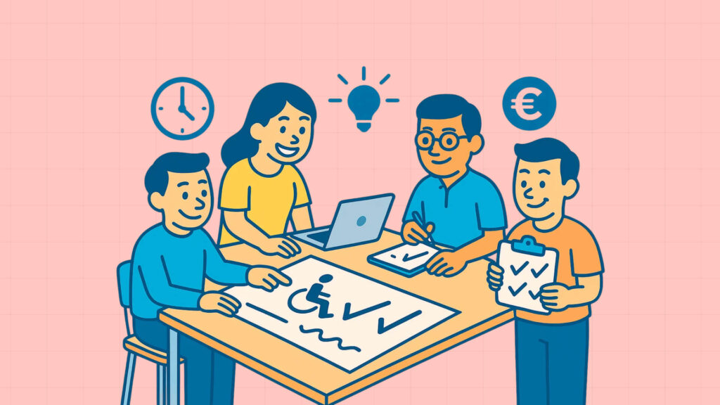 Team plant Barrierefreiheitsprojekt mit Symbolen für Zeit, Ideen und Budget