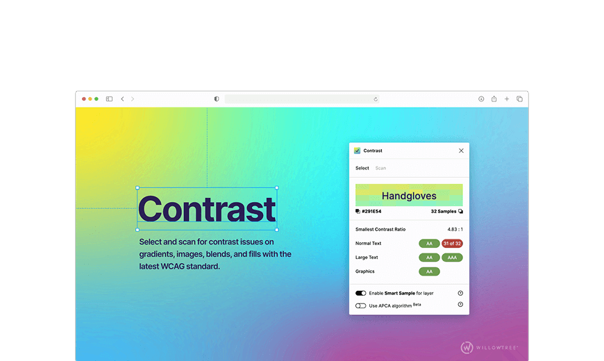 Figma Contrast Plugin-Interface zeigt Kontrastverhältnis 4.83:1 für hellgrünen Text mit AA- und AAA-Bewertungen