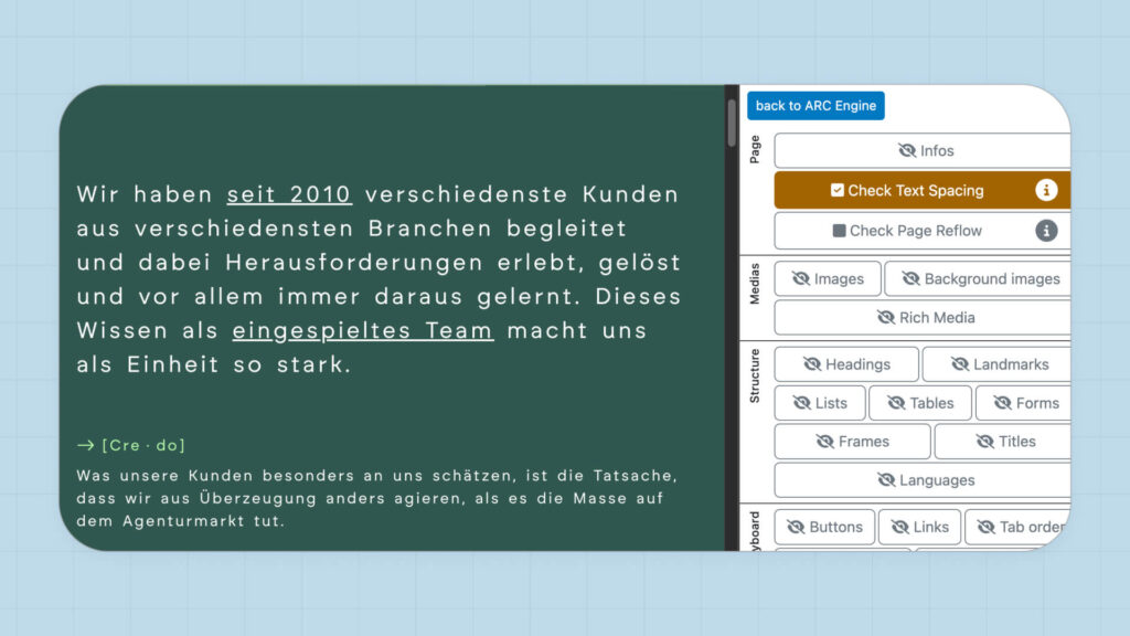 ARC Toolkit prüft Text-Spacing auf Website mit verschiedenen Barrierefreiheits-Checks
