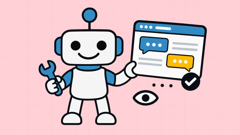 Freundlicher Roboter mit Schraubenschlüssel zeigt auf ein Browserfenster mit Textblöcken, Sprechblasen, Augen-Symbol und Häkchen.